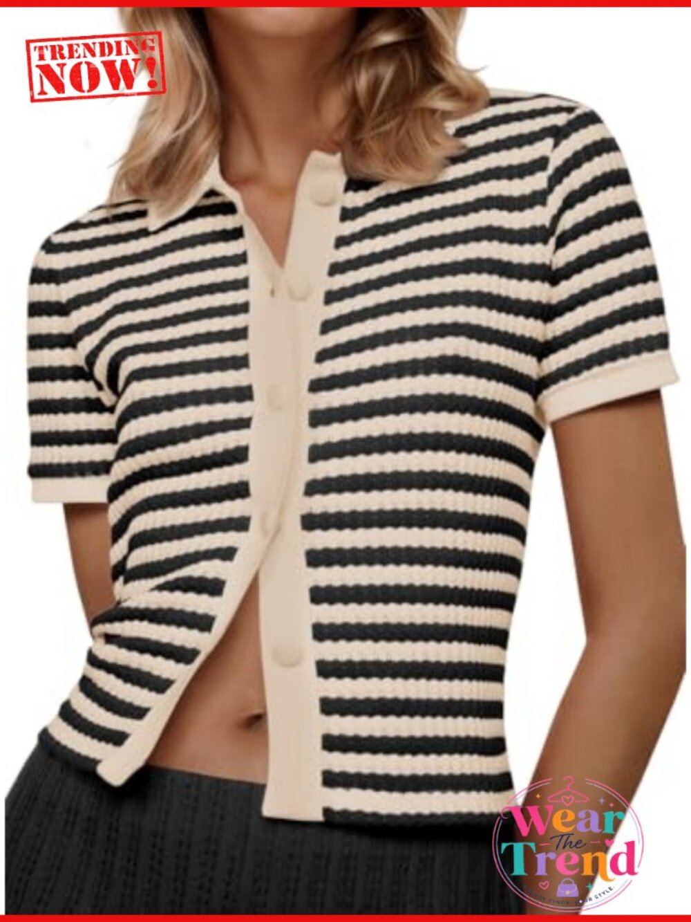 Striped Short Sleeve Cropped Cardigan Polo Collar Button Down Sweater